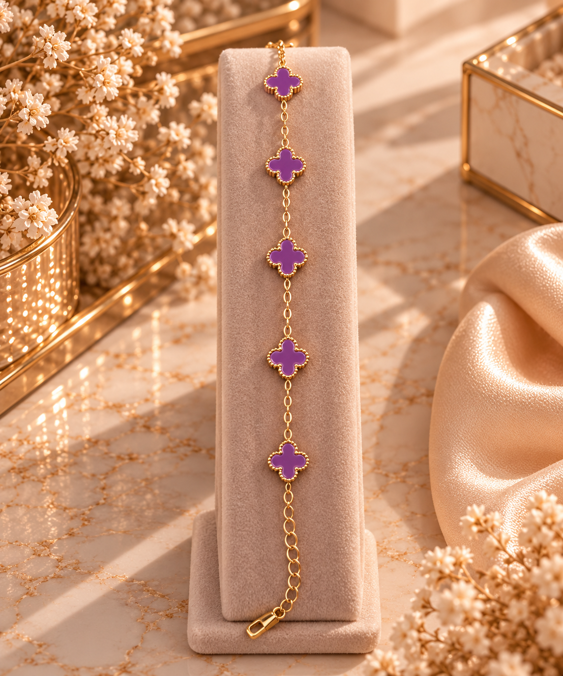 Bracelet doré trèfles violets ✨