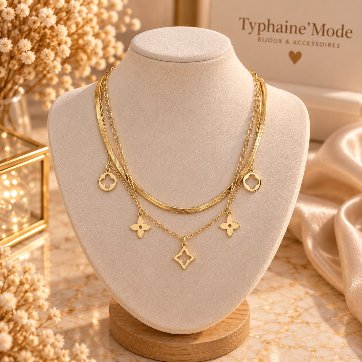 Collier Doré Multirangs à Pendentifs Fleurs ✨