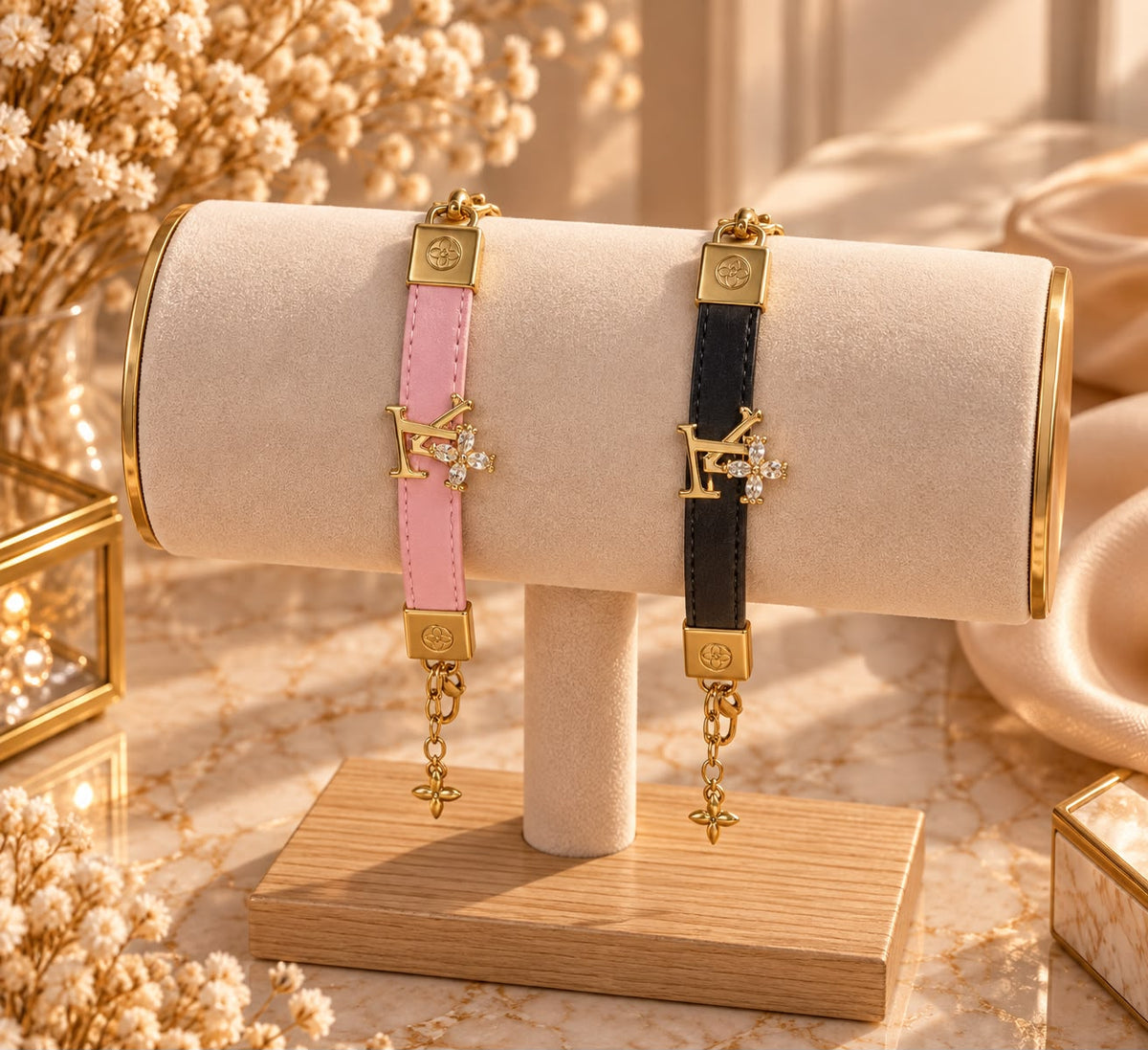 Bracelet Doré Fleuri – Rose ou Noir✨