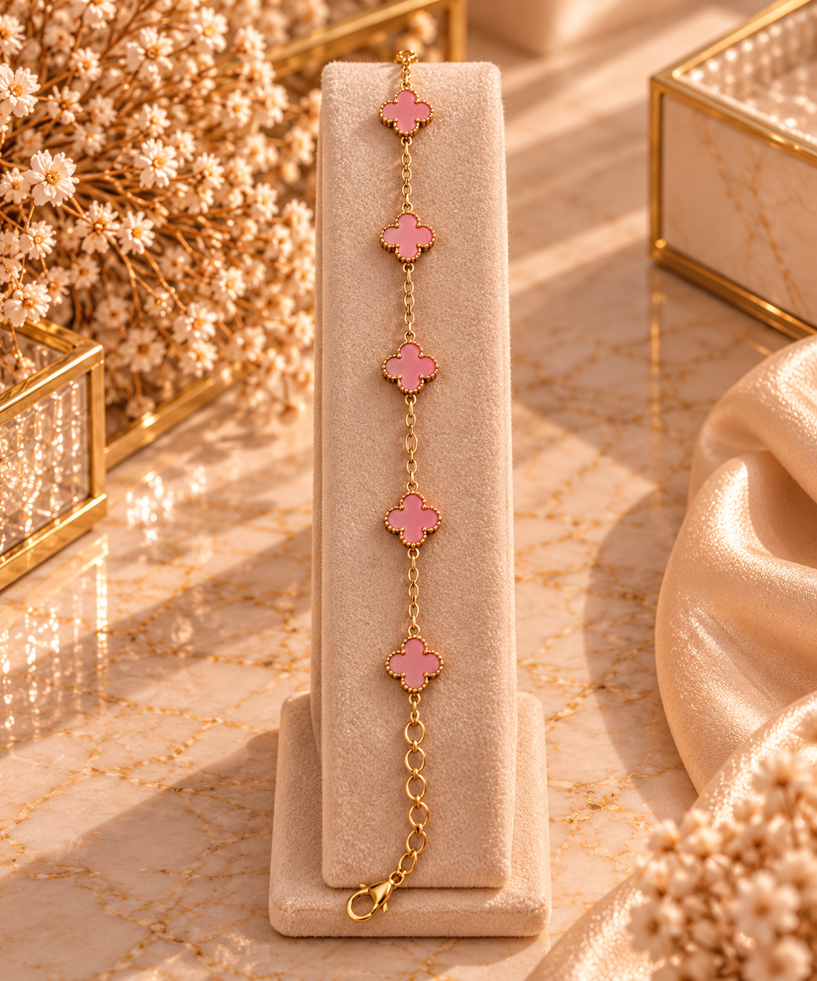 Bracelet doré trèfles roses ✨
