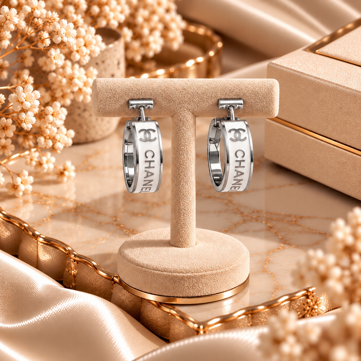 Boucles d’Oreilles Dorées à Anneaux et Détails Blancs✨