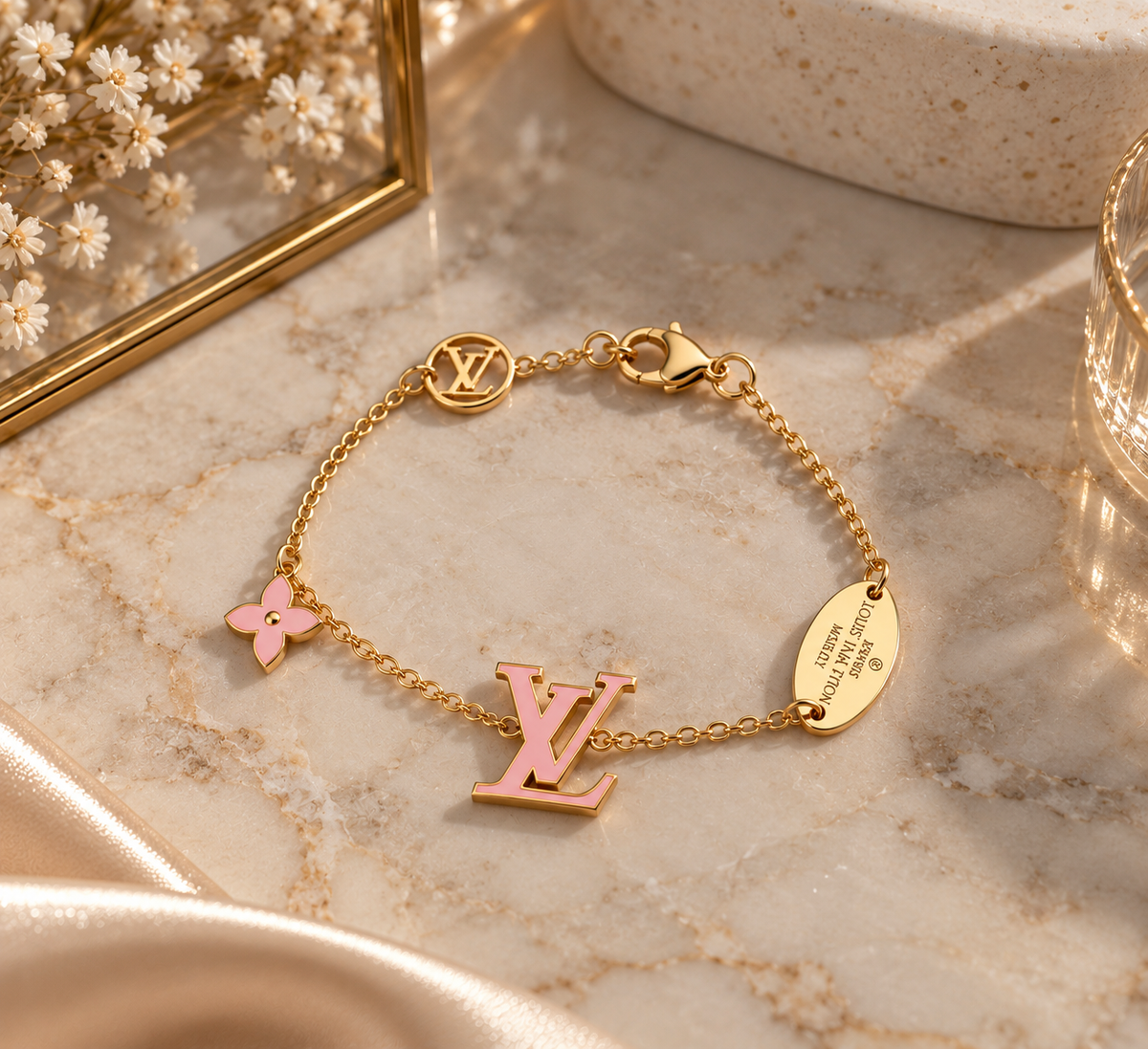 Bracelet Doré Fleur & Initiale Rose✨