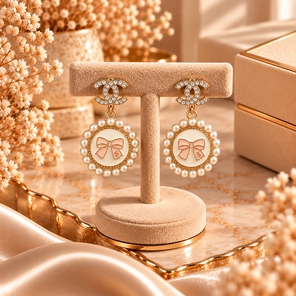 Boucles d’oreilles Perles & Nœud Doré✨