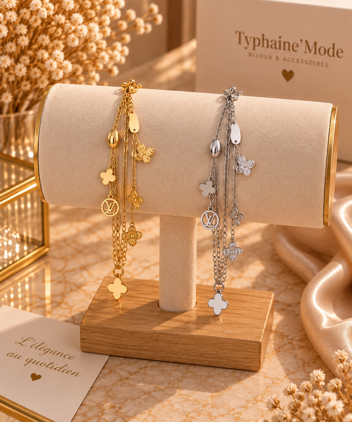 Bracelet Doré ou Argenté à Pendentifs Fleuris ✨