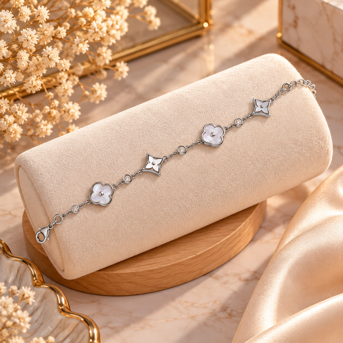 Bracelet Argenté Élégance – Fleurs & Cristaux✨