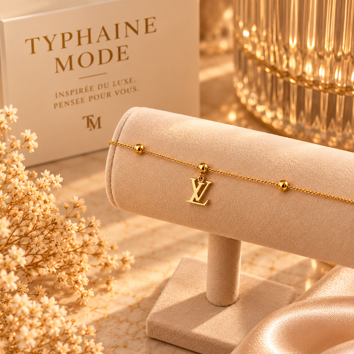 Bracelet doré chaîne fine avec perles & pendentif ✨