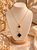 Collier Doré à Double Pendentif Trèfles Noir & Cristal ✨