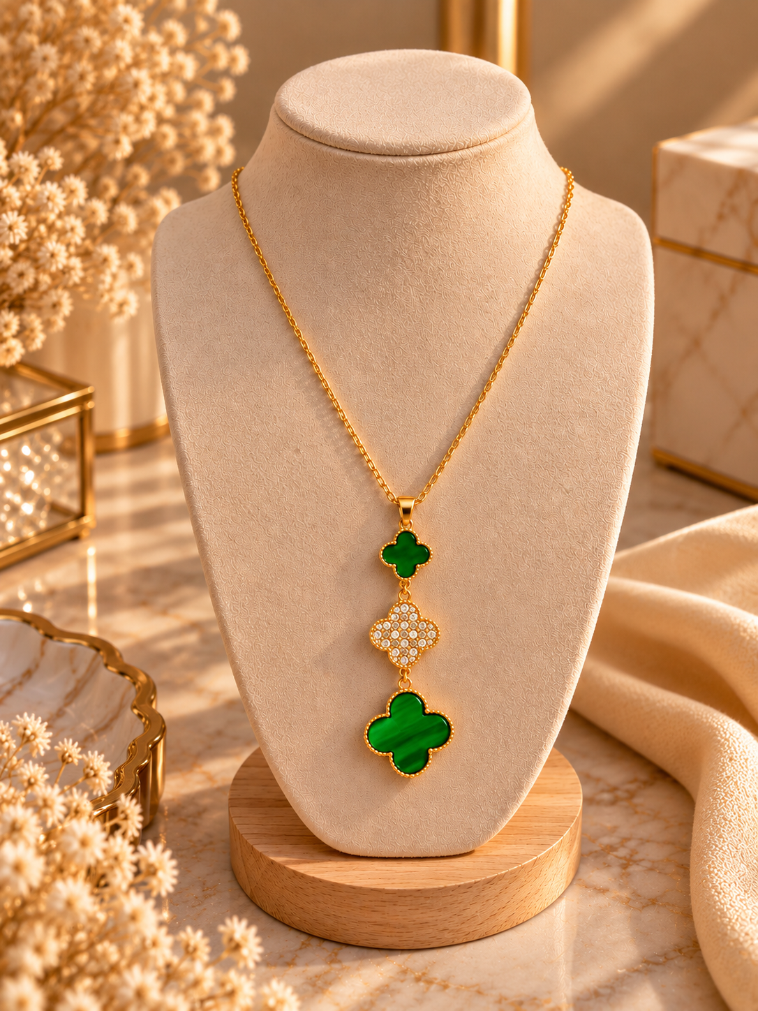 Collier Doré à Double Pendentif Trèfles Vert & Cristal ✨