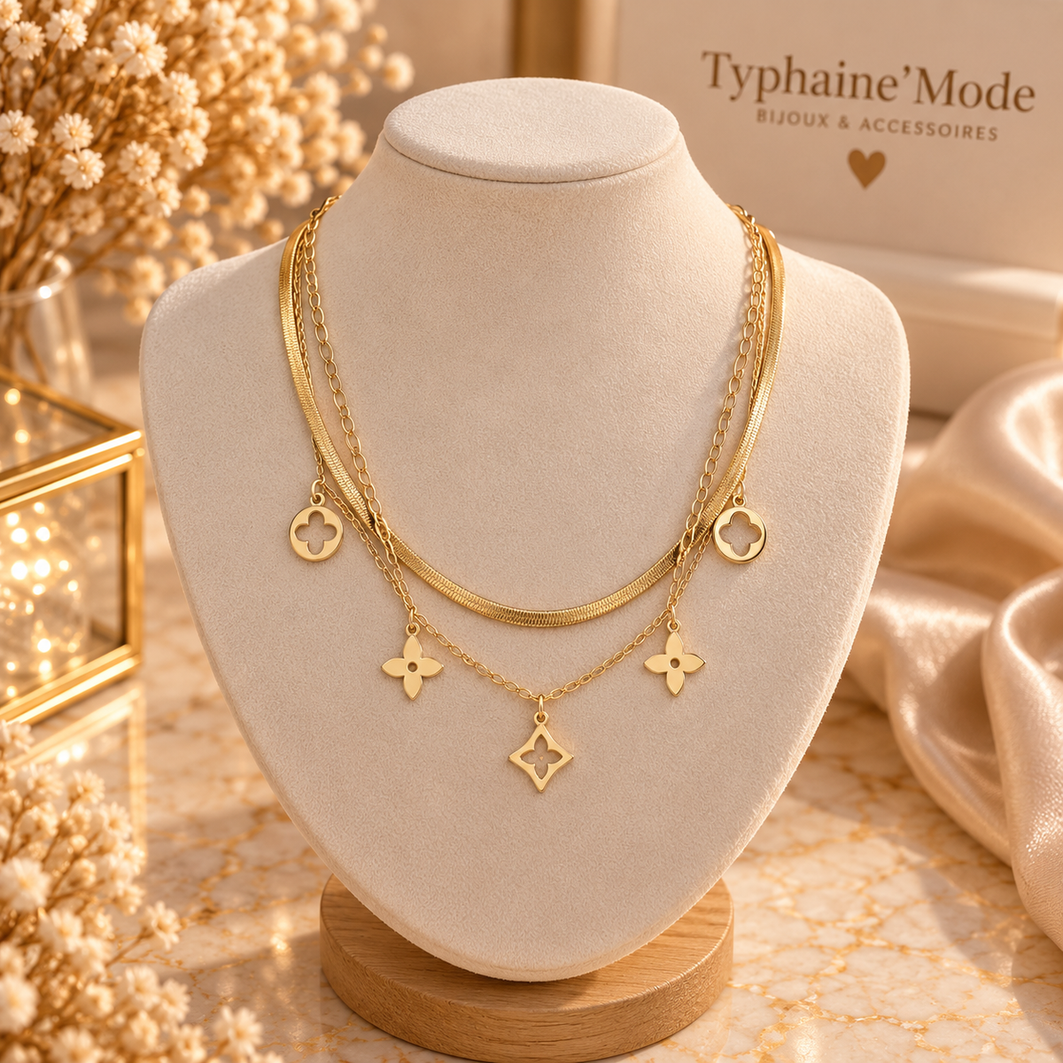 Collier Doré Multirangs à Pendentifs Fleurs ✨