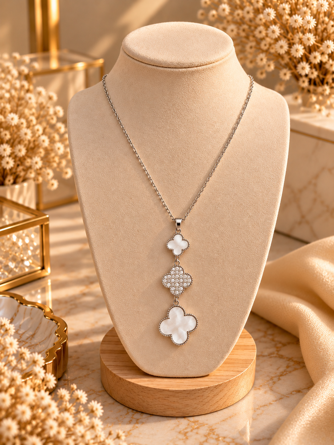 Collier Argenté à Double Pendentif Trèfles Blancs & Cristal ✨