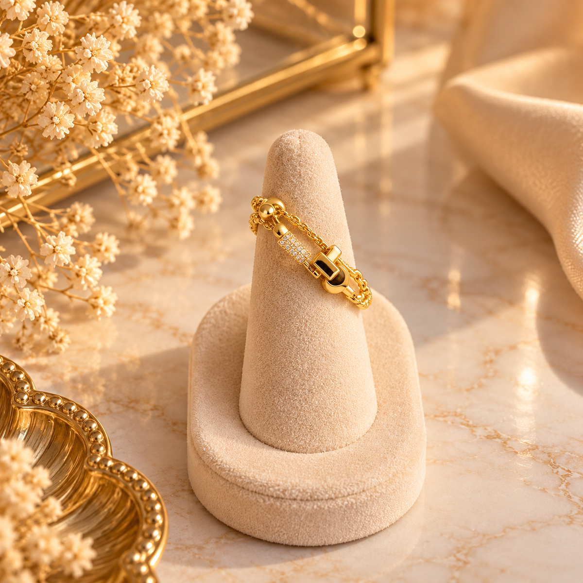 Bague dorée chaîne avec fermoir & strass ✨