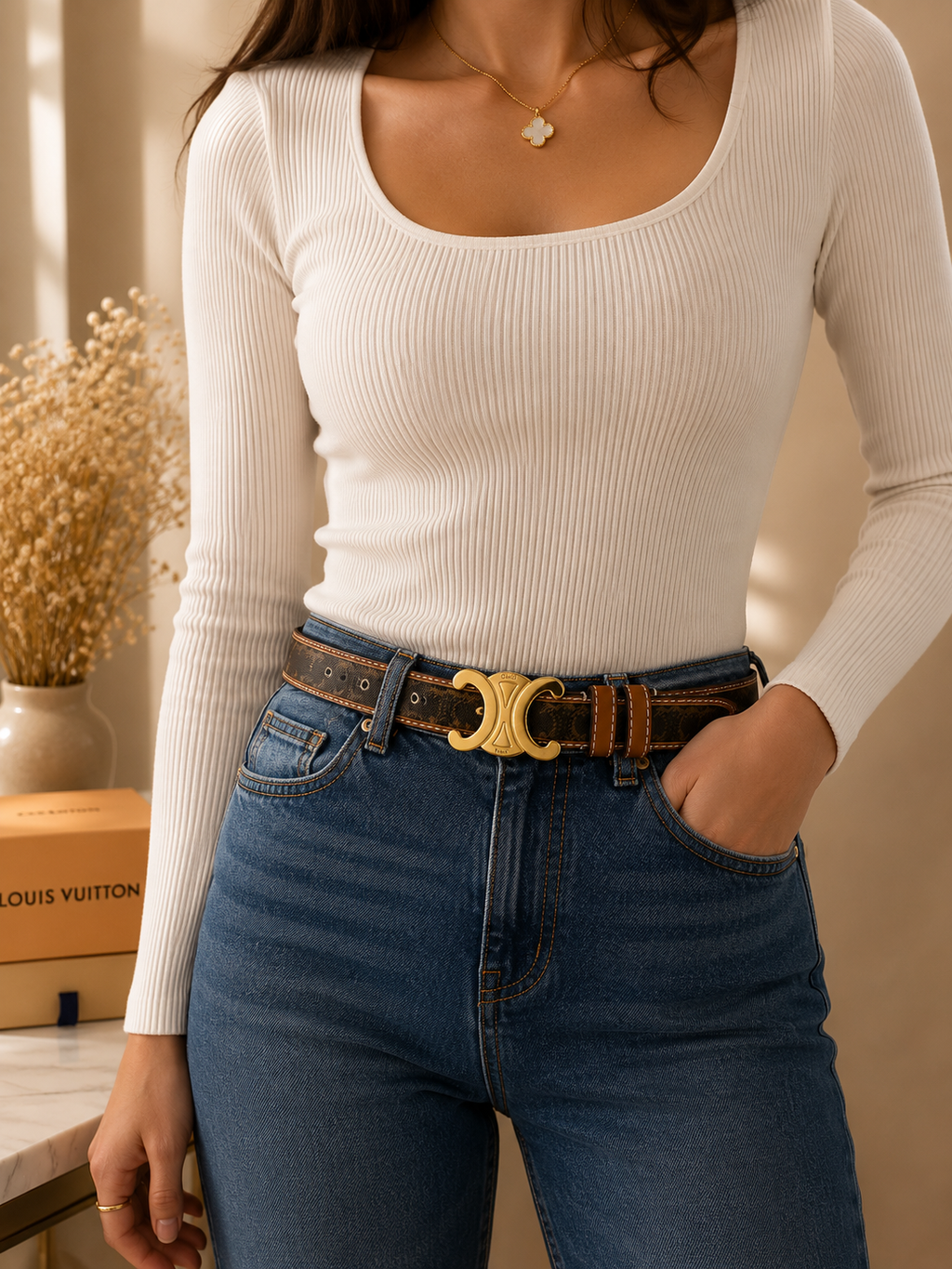 Ceinture femme marron boucle dorée ✨