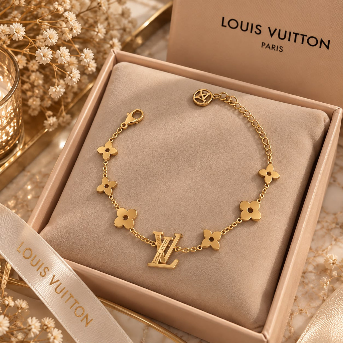 Bracelet Élégance Doré – Motifs Fleurs✨