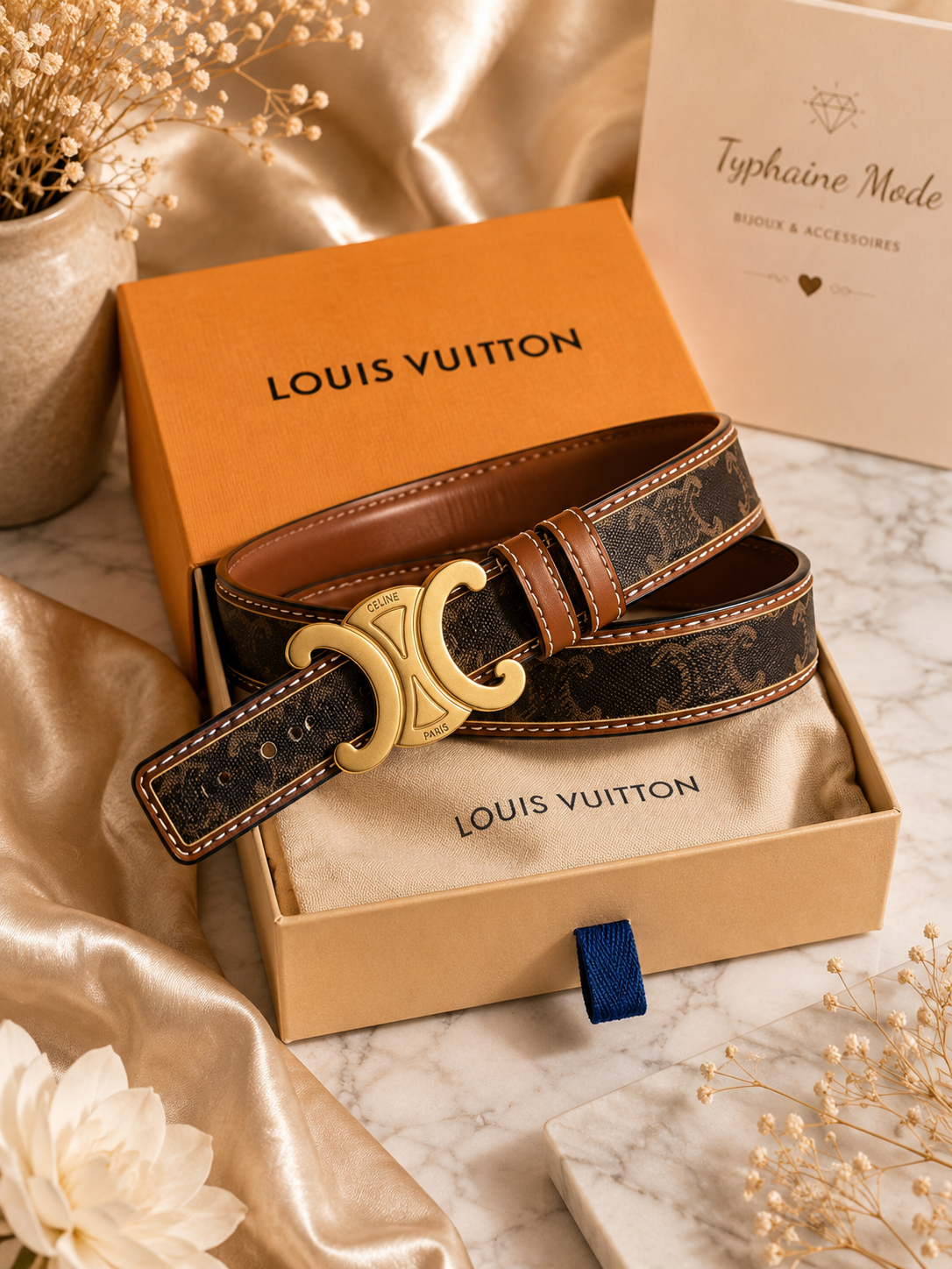 Ceinture femme marron boucle dorée ✨