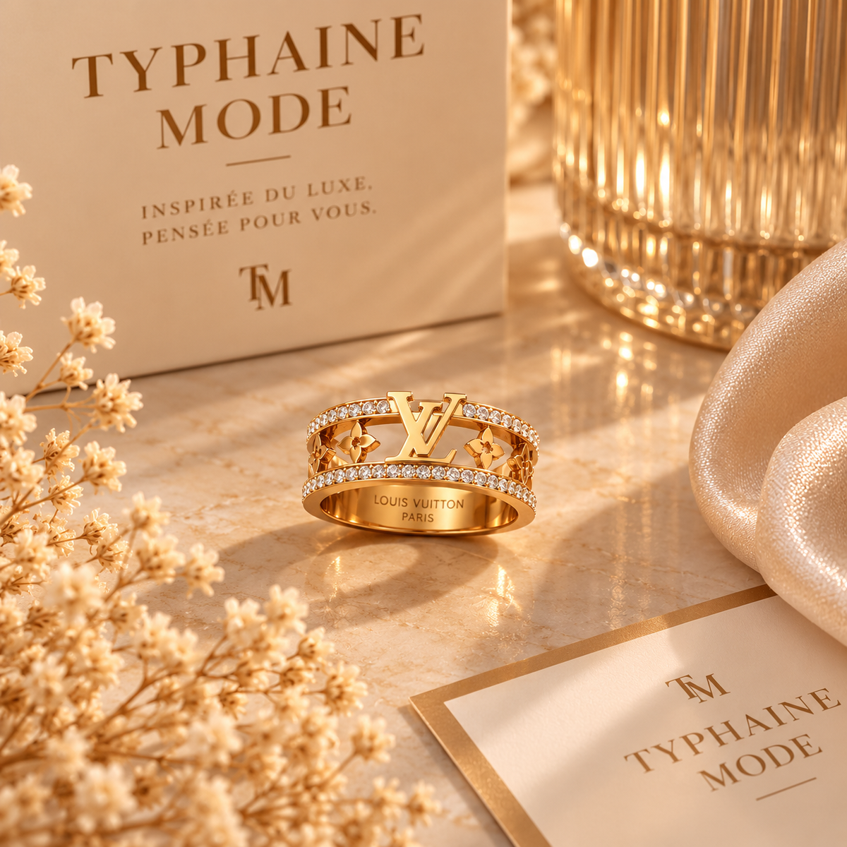 Bague dorée double rang avec strass & motif ✨