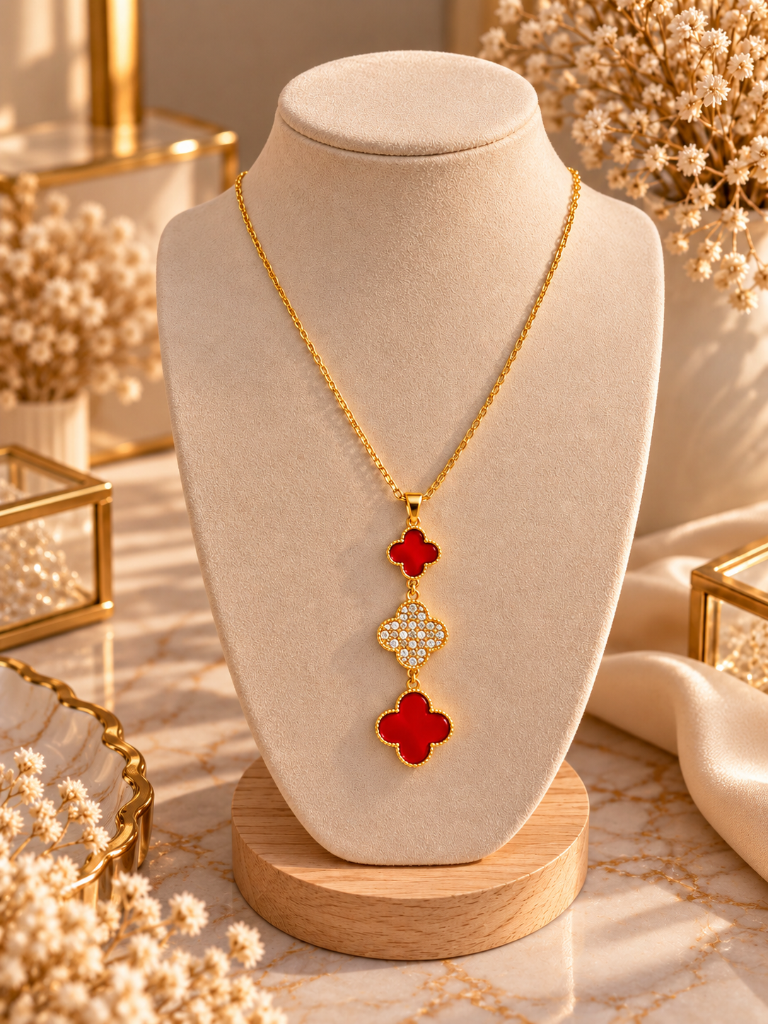 Collier Doré à Double Pendentif Trèfles Rouge & Cristal ✨