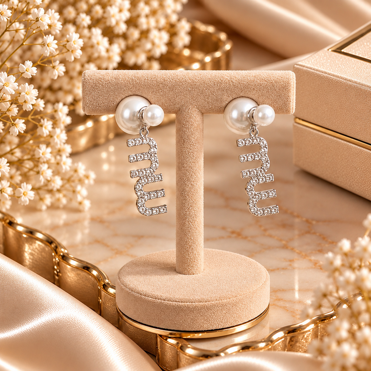 Boucles d’Oreilles Perles Blanches & Strass ✨