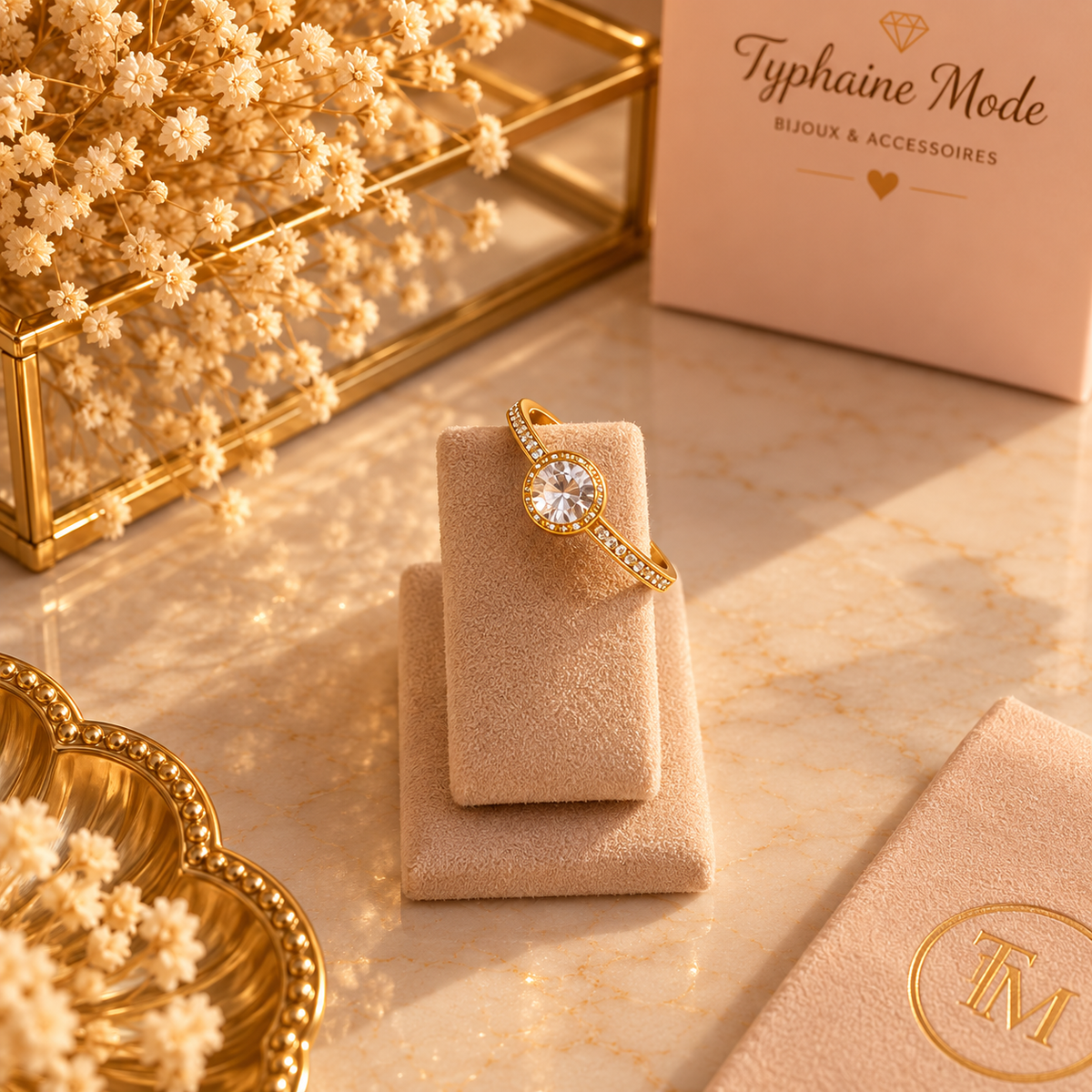 Bague ajustable dorée avec pierre scintillante ✨