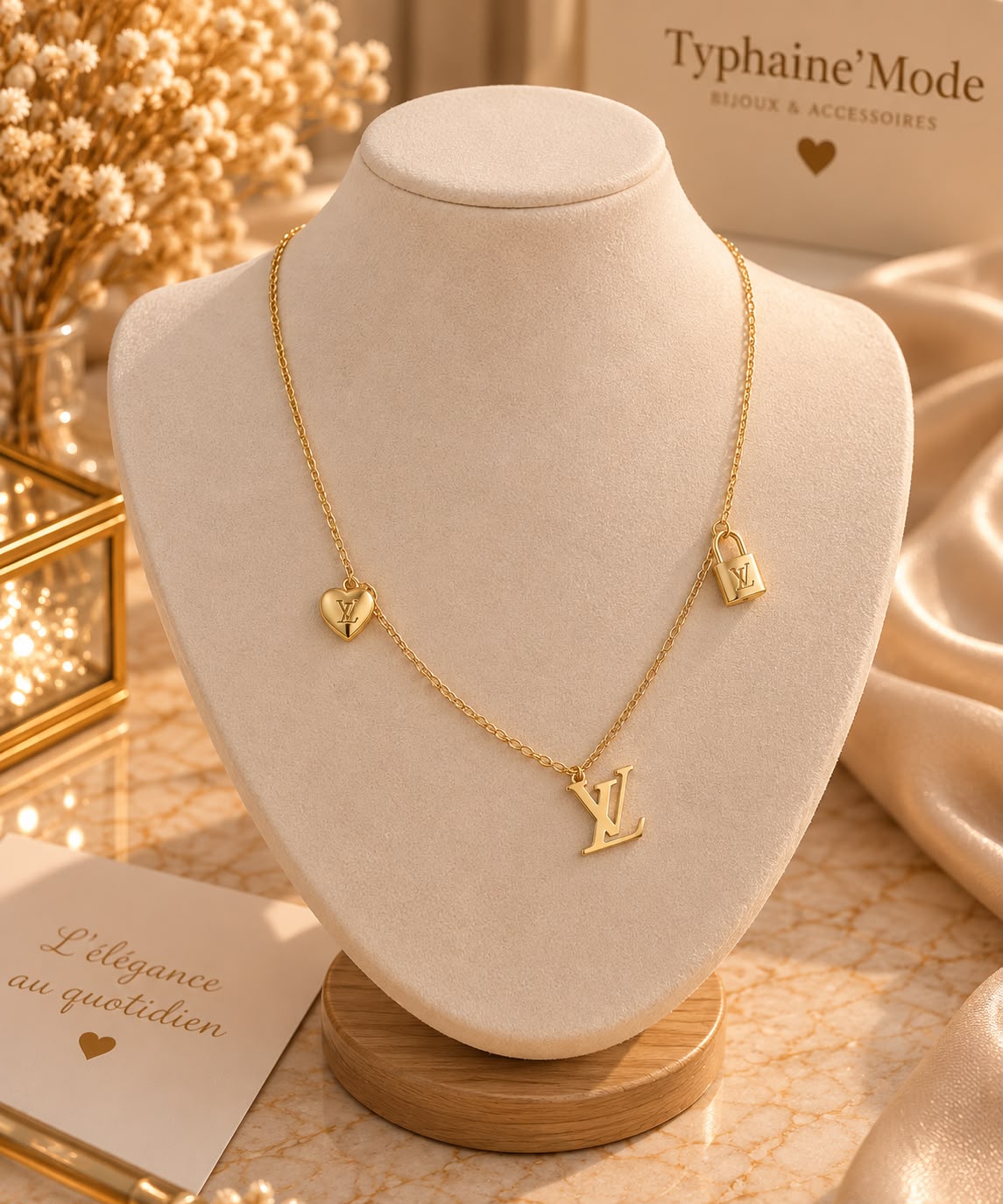 Collier Doré à Pendentifs Cadenas & Cœur ✨